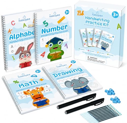 Kiddospace Handwriting Practice Kit - Handwriting Workbook - Includes 4 Reusable Workbooks for Math, Numbers, Alphabet & Drawing -Handwriting Practice Books for Kids - Disappearing Ink Pen Included