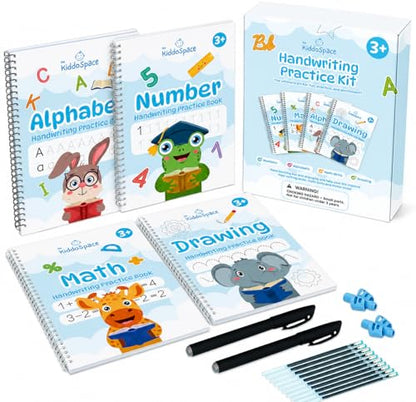 Kiddospace Handwriting Practice Kit - Handwriting Workbook - Includes 4 Reusable Workbooks for Math, Numbers, Alphabet & Drawing -Handwriting Practice Books for Kids - Disappearing Ink Pen Included