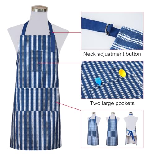 2 Pack Bid Aprons, Adjustable Kitchen Apron with 3 Pockets, Chef Works Apron. - color: Navy Stripe