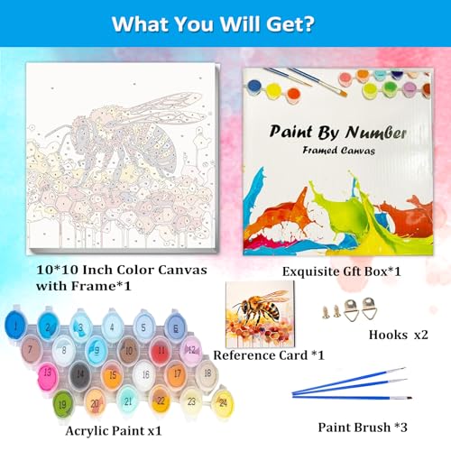 Artunion Framed Paint by Numbers Kit for Adults Beginners & Kids Ages 8-12,Bee Paint by Number with Frame,Watercolor Paint by Numbers Kit on Canvas 10 * 10 Inch Without Easel - color: ZXT-400-F