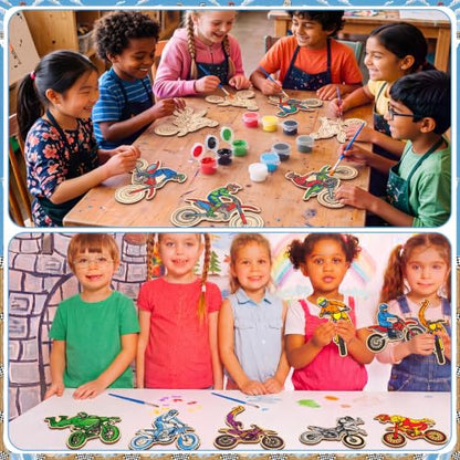Saypacck 24 Pcs Dirt Bike Party Favors Wooden Paint Craft Kits | 12 Motocross Wood Pieces with Paint Palettes, Organza Bags Included, Ideal for Goodie Bag Fillers and Thank You Gifts - style: Dirt Bike
