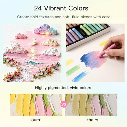 rubens 57 PCS Macaron Soft Oil Pastels Kit for Beginner Drawing | 24 Macaron Colors Soft Oil Pastels in Box with Palette Knife, Base Board, Tape, 30 Sheets Oil Pastel Paper - color: 24 Macaron Colors Set