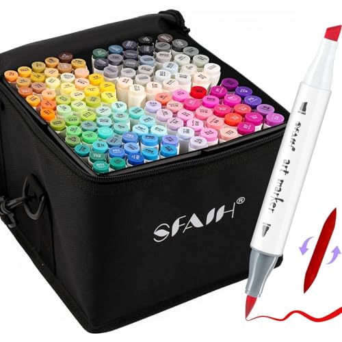 SFAIH Alcohol Markers Brush & Chisel - 121 Colors Double Tipped Art Markers for Adult Coloring Illustration, Gifts for Artist Adult - Adjustable Shoulder Strap & Faux Leather Lining & Outer Zip Pocket - color: 121 Colors