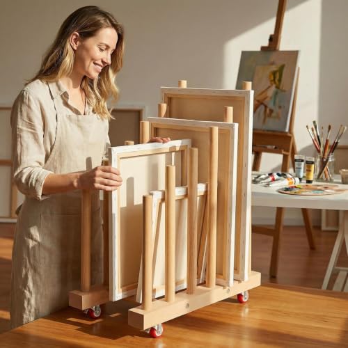 Artwork Storage Rack with Brake Caster Wheels,Art Drying Rack, Canvas Storage Rack,Wood Storage Stand for Drawing Board, Prints, Perfect for Studios,Galleries, Museums, Art Venues (12in) - size: Small