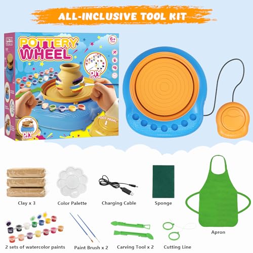 Pottery Wheel for Kids with Air Dry Clay Kit, 12 Paints & Tools, Ages 6-12 | No kiln needed: shape on the electric wheel, air-dry & paint. Gentle beginner speed; kit adds 3 clay packs, tools & apron - color: yellow/blue