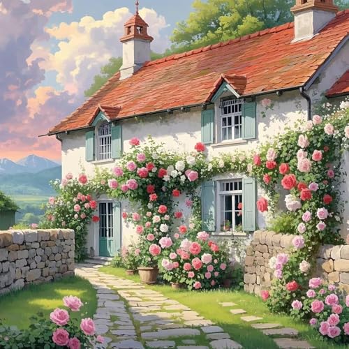 Flower House Diamond Painting Kits for Adults, 5D Diamond Art Painting by Numbers Kits, DIY House Diamond Dots Art Kits, Full Round Drill Diamond Art Kits for Adults for Home Wall Decor, 14x14 inch - color: Flower House