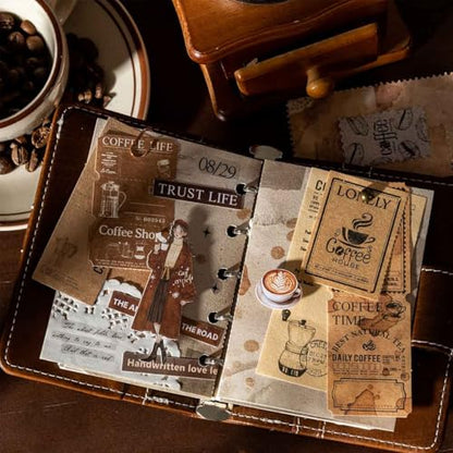 CraftBloom 125Pcs Coffee Vintage Scrapbook Paper and Stamp Stickers for Journaling Supplies, Antique Strip Labels & People Sticker for Scrapbooking, Bullet Journal, Collage, Planner, DIY Craft Kit