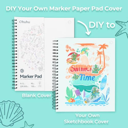 Ohuhu 9"x12" Double-Sided Bleedproof Marker Pad Art Sketchbook 60 Sheets | Large Sketch Book - 90 LB/150 GSM Smooth Drawing Paper - 60 Sheets/120 Pages - Spiral-Bound Sketch Pad for Alcohol Markers - size: 9" x 12”
