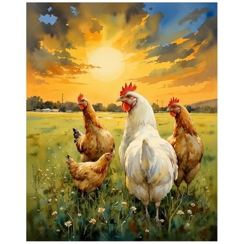 Farm Paint by Numbers Kit for Adults - DIY Chickens in Field at Sunset Painting on Canvas, Acrylic Paint Set, Suitable for Beginners, Art for Home Decoration or Gifts(8X12IN Framed) - color: HSX03139, size: 8X12IN Framed