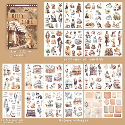 Dizdkizd Coffee and Pet Journaling Stickers for Women, 184 Die Cuts PET and Paper Scrapbook Sticker Kit, Cute Cats and Girl Sticker for Bullet Journals, Planners, Collage - color: Coffee