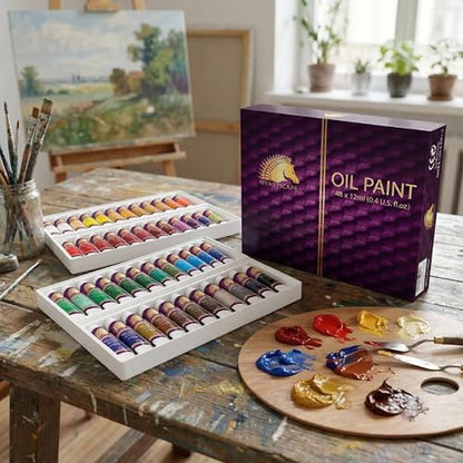 MyArtscape Oil Paint Set - 48 x 12ml Artist Oil Paint Tubes | Rich pigment oil paint set with smooth blending glossy finish and excellent coverage for canvas painting