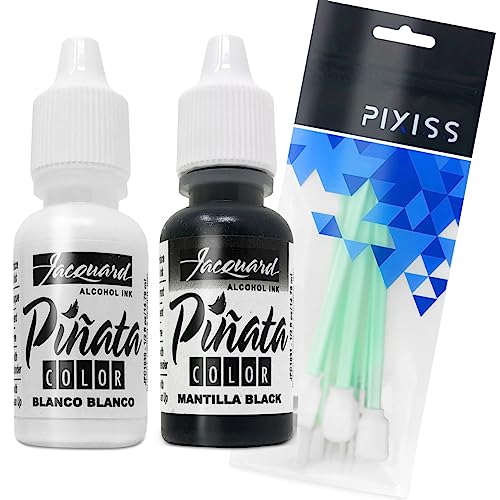 Jacquard Pinata Alcohol Inks Black and White Bundle, Blanco and Mantilla Black and 10x Pixiss Ink Blending Tools - color: Blanco & Black