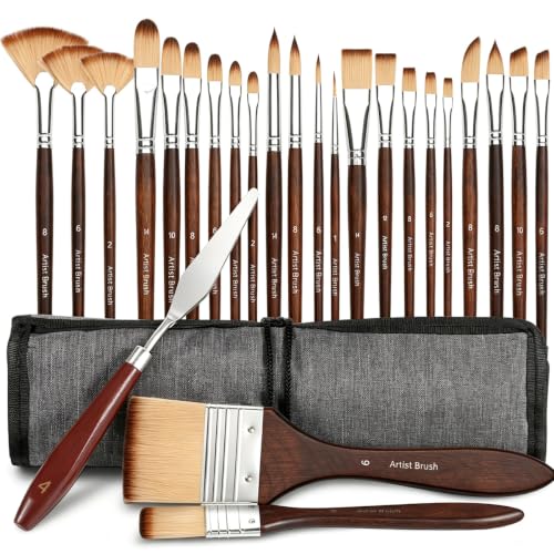 Bowitzki 25pcs Paint Brush Set,Professional Artist Paintbrush kit with Flat, Filbert, Fan, Dagger, Cat Tongue, Round, Angle, Spatula,Rigger for Oil, Acrylic Canvas Paintings, Body Face Painting (A)