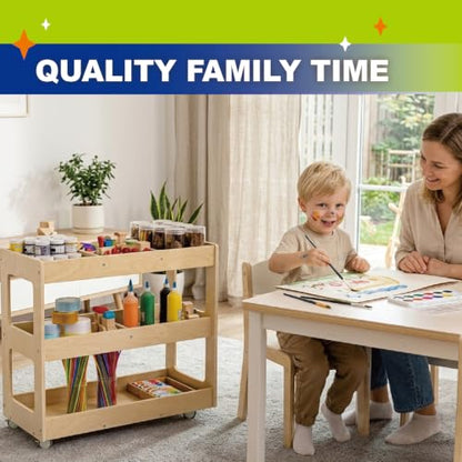3-Tier Wooden Art Cart Organizer on Wheels for Kids | Rolling Craft Cart, Montessori Furniture, Multi-Functional Birch Plywood Art Supply Cart for Office, Nursery & Classroom