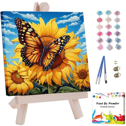 Artunion Framed Paint by Numbers Kit for Adults Beginners & Kids Ages 8-12,Sunflower Butterfly Paint by Number with Frame,Floral Paint by Numbers Kit on Canvas 10 * 10 Inch Without Easel - color: ZXT-195-F