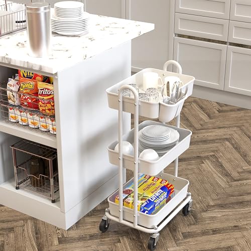 Simple Houseware 3-Tier Rolling Utility Cart with Hanging Bucket, White - color: White, size: 3-Tier