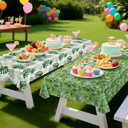 2 Pack Jungle Tablecloths, 54x108", Tropical Palm Leaf Party Decor | Two Coordinating Palm and Monstera Prints with Waterproof PE Protection for Jungle, Tiki, rainforest and tropical parties
