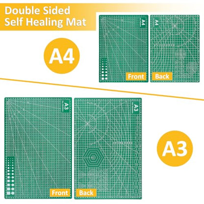2 Pcs Large Cutting Mat Self Healing,Double Sided,Grid Line And Angles Help To Cut Precisely,Craft Mats for Scrapbooking, Quilting, Sewing and All Arts,Non Slip & Easy Clean ((A3 & A4 Green) - color: Green