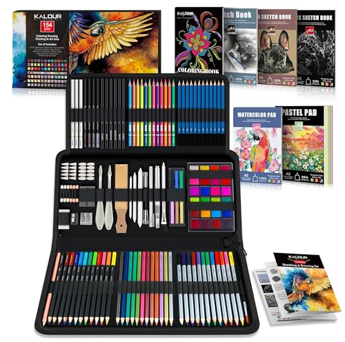 KALOUR 154PCS Artists Art Supplies - Drawing Kit with 6 Sketchbook,Tutorial,Coloring Paper - Graphite,Colored, Charcoal, Watercolor & Metallic Pencils - for Artists and Beginners