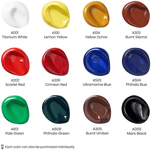 ARTEZA Acrylic Paint Set, 12 Colors, 22 ml / 0.74 oz Tubes, High-Viscosity
