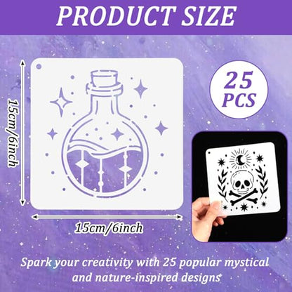 25 Pcs Wall Stencils for Painting, 6" Sun Moon Tarot Mandala Stencil, Mandala Tree of Life Art Stencils for Crafts Reusable Wood Wall Furniture Decor Gift Art