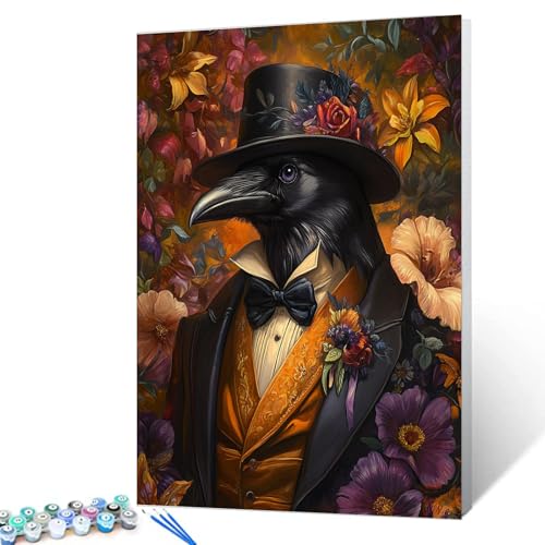 Serious Crow Paint by Numbers Animal Wearing Hat DIY Painting on Canvas with Brushes Pigment Easy to Paint Crafts DIY Paintwork Home Decoration Drawings Gift 16x20 Inch (Frameless) - color: Hat Animal-03, size: 16''x20''(Frameless)