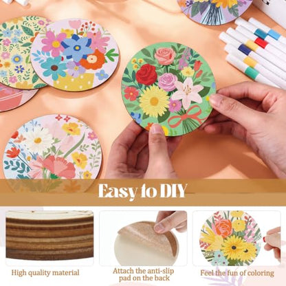 Reallnaive 77 Pcs Flower Coasters Painting Kit, 20 Set Wooden Drink Coasters 4 Inch with Holder & Markers Boho DIY Crafts for Adults, Women, Hobby, Color Your Own Art Craft Supplies - style: Flower