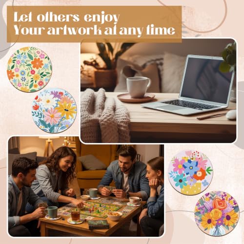 Reallnaive 77 Pcs Flower Coasters Painting Kit, 20 Set Wooden Drink Coasters 4 Inch with Holder & Markers Boho DIY Crafts for Adults, Women, Hobby, Color Your Own Art Craft Supplies - style: Flower