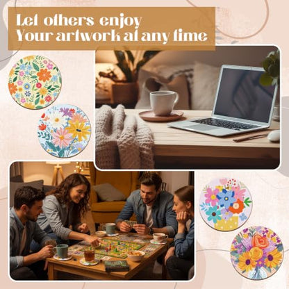 Reallnaive 77 Pcs Flower Coasters Painting Kit, 20 Set Wooden Drink Coasters 4 Inch with Holder & Markers Boho DIY Crafts for Adults, Women, Hobby, Color Your Own Art Craft Supplies - style: Flower