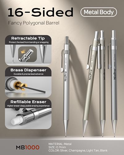 Nicpro 4 Pack Mechanical Pencil 0.7mm, MB1000 Metal Mechanical Pencil Set | 6 Tube HB #2 Lead Refill 0.7 mm, 3PCS 4B Eraser, 9 Cap Eraser, Storage Case for Artist Drafting Writing, Sketching, Drawing - style: 4 Pack （0.7mm）