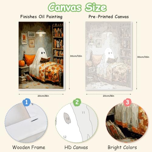 Spandrel Halloween Ghost Framed Paint by Numbers Kit for Adult, Vintage Paint by Number Kits on Canvas Ghost Reading, DIY Acrylic Oil Halloween Painting by Numbers Gifts for Home Wall Decor, 8x12in - color: H-06