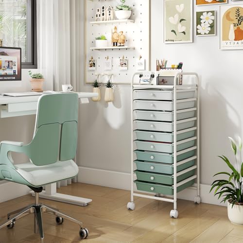 RELAX4LIFE Craft Organizers and Storage Cart - Rolling Cart with 10 Drawers, Lockable Casters for Tools, Mobile Art Craft Organizers, Utility Cart for School Home Office, Craft Cart (Gradient Green) - color: Gradient Green, size: 34''H