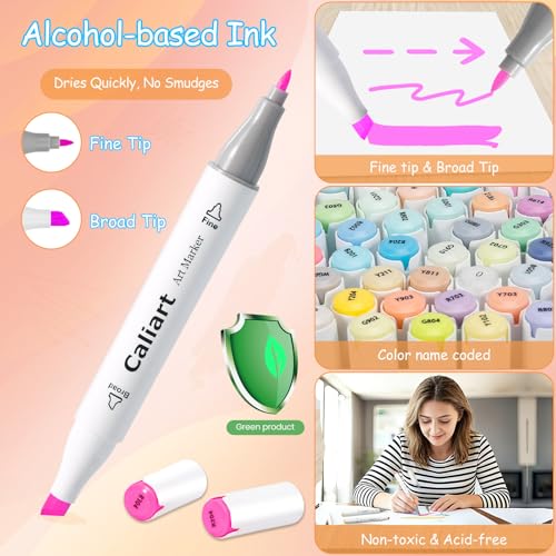 Caliart Pastel Alcohol Markers 61 Colors Fine & Chisel Dual Tip Art Markers - color: Pastel, size: 1 Count (Pack of 61)