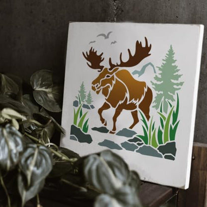 Moose in The Woods Wall Stencil, 11.8x11.8 Inch Reusable Outdoor Stencil for Painting on Wood, Floor, Wall and Fabric - style: Moose
