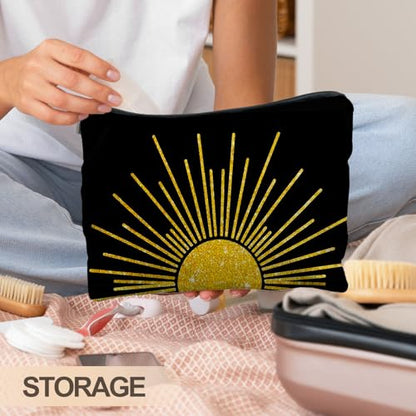 Boho Makeup Bag, Boho Abstract Black and Gold Sun Sunshine Makeup Bags for Women, Boho Gifts for Women, Boho Makeup Pouch Zipper Pouch, Aesthetic Makeup Bag - color: Abstract gold Sunshine