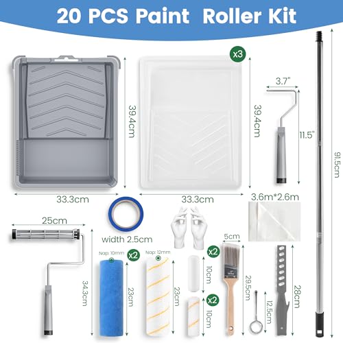 VOOMEY Paint Roller Kit with Adjustable Extension Pole(13.4-36 Inch) | Paint Tray, Brushes and Roller Covers for Interior Wall, Ceiling and Home Painting Projects - size: 9 Inch Kit with Extension Pole