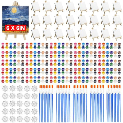 25 Pack 6 x 6 Inch Mini Canvas and Easel Set with Paint, Small Canvases for Painting with Easel Stand and 12 Colors Mini Paint Set, Bulk Students Acrylic Canvas Painting Kit for Paint Party Supplies