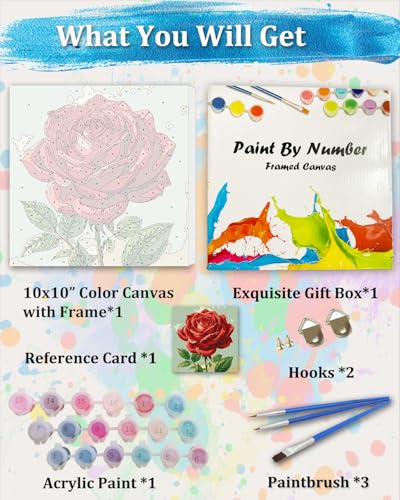 TOCARE Framed Paint by Numbers Kit for Adults Beginner & Kids Ages 8-12,Red Rose Paint by Number Framed, Simple Oil Paint by Number Kits Valentines'Day Gift (10x10 Inch, Without Easel) - color: TC-F-93