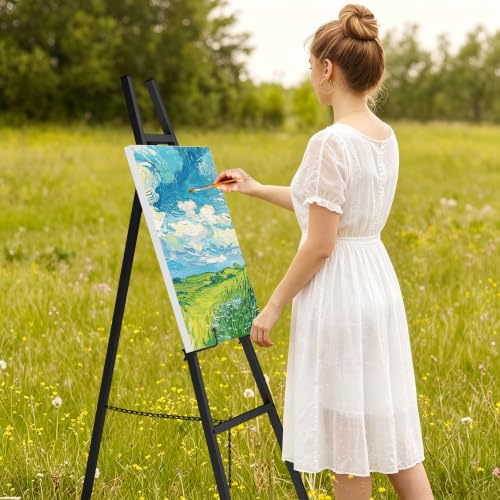 47" Black Easel Stand for Sign, Large Heavy Duty Metal Display, 4-Tier | Sturdy Art Easel with Adjustable Chain & Non-Slip Feet for Wedding, Painting, Party, Posters, Commercial, Foldable - color: Black