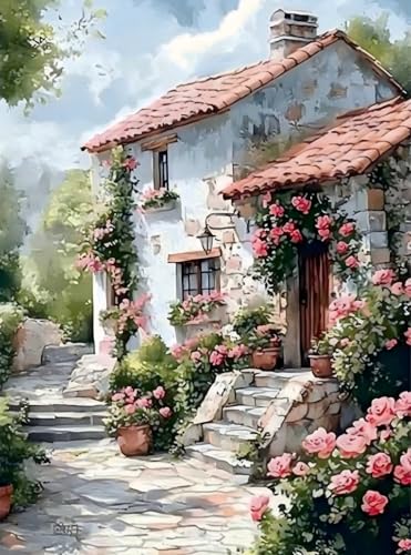YIYITUPO Diamond Painting Kit for Adults Diamond Painting for Beginners 12x16 Inch Cottage House with Pink Roses Full Drill Diamond Art Landscape DIY Home Wall Decor - color: YYZ-015