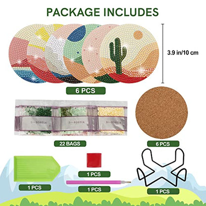 Temlum 6pcs Diamond Art Coasters Kits for Adults with Holder, Landscape - color: Landscape Coasters With Holder