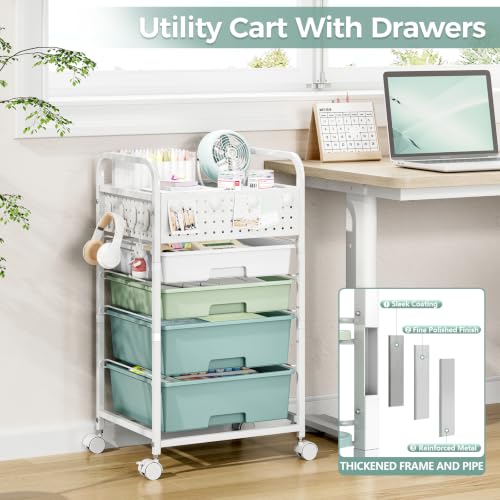 4 Drawer Rolling Storage Cart with Pegboard Top and Hooks, Gradient Green - color: Gradient Green, size: 4-Drawers
