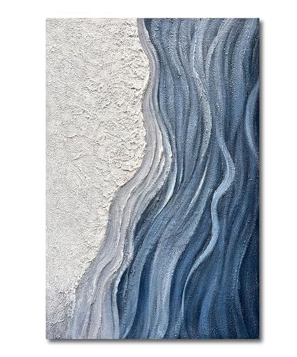 Art 60x40 inches Hand-Painted Blue and White Textured Art Oil Painting - Modern Abstract sea Wave Landscape Art - Large Wall Decoration Suitable for Home Office Decoration - color: Yi133