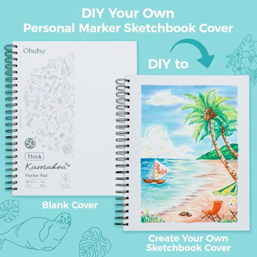 Ohuhu 9"x12" Double-Sided Bleedproof Marker Pad Art Sketchbook 50 Sheets | Large Sketch Book - 160 LB/280 GSM Smooth Drawing Paper - 50 Sheets/100 Pages - Spiral-Bound Sketch Pad for Alcohol Markers - size: 9" x 12"
