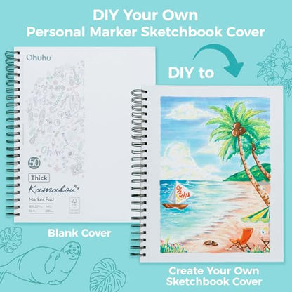 Ohuhu 9"x12" Double-Sided Bleedproof Marker Pad Art Sketchbook 50 Sheets | Large Sketch Book - 160 LB/280 GSM Smooth Drawing Paper - 50 Sheets/100 Pages - Spiral-Bound Sketch Pad for Alcohol Markers - size: 9" x 12"