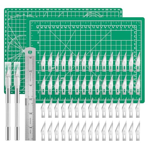 2PCS Craft Knife Hobby Knife with 60PCS Spare Exacto Knife Blades #11, Cutting Mat (A4), A Ruler, HEADLEY TOOLS Precision Exacto Knife Set Ideal for Crafting, Scrapbooking, Arts, DIY, Stencil, Carving - color: Green