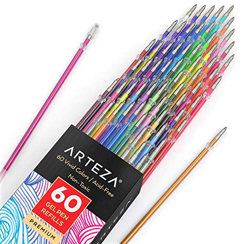 ARTEZA Gel Pens Ink Refills 60-Individual-Color-Bundle Acid-Free (0.8-1.0 mm Tips, Set of 60) - style: Rollerball