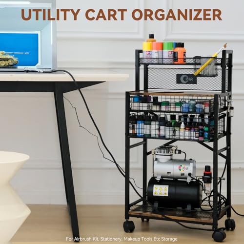 5 Tier Metal Airbrush Storage Cart for Air Compressor,Paint Supplies | 360° Lockable Wheels, 2 Drawers, Airbrush & Brush Holders Keep Compressors, Paints, & Tools Organized In One Workspace Cart