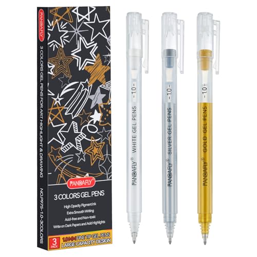PANDAFLY Gold Silver White Gel Pens, 3-Pack, 1.0mm Fine Point Gel Ink Pens | 3 Colors Archival Ink Pens for Highlights, Black Paper Drawing, Sketching, Illustration, Card Making, Bullet Journaling - style: Gold Silver White-1.0mm
