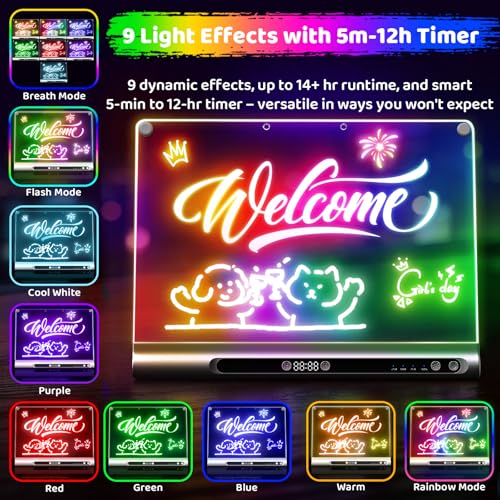 Geokay 16“ Rechargeable LED Drawing Board, 9-Color Light Modes with Timer & Built-in Stand, Neon Glow Up Dry Erase Doodle Note Pad, Sketching Gift Toy for Kids/Girls/Teens, 6 Markers & Tracing Book - color: Matte Black